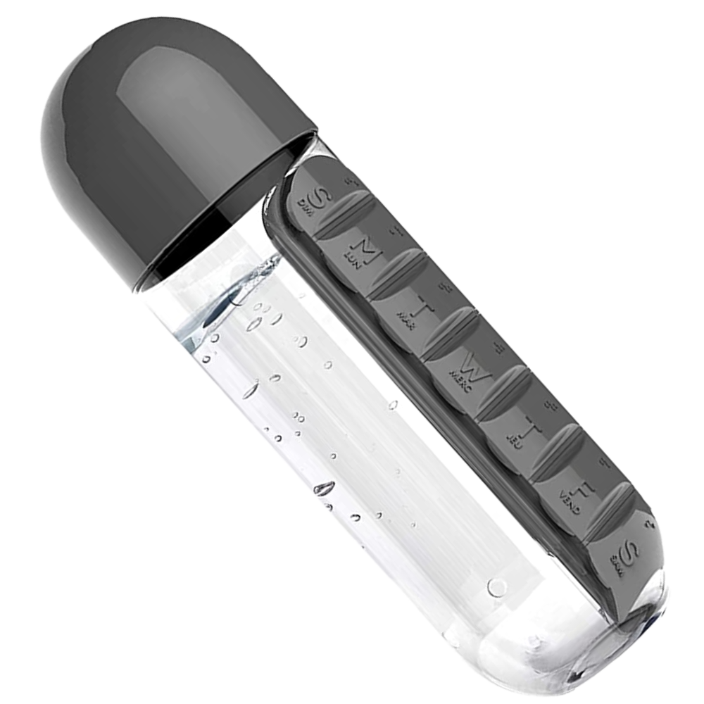 Plastikwasserflasche mit Pillendose