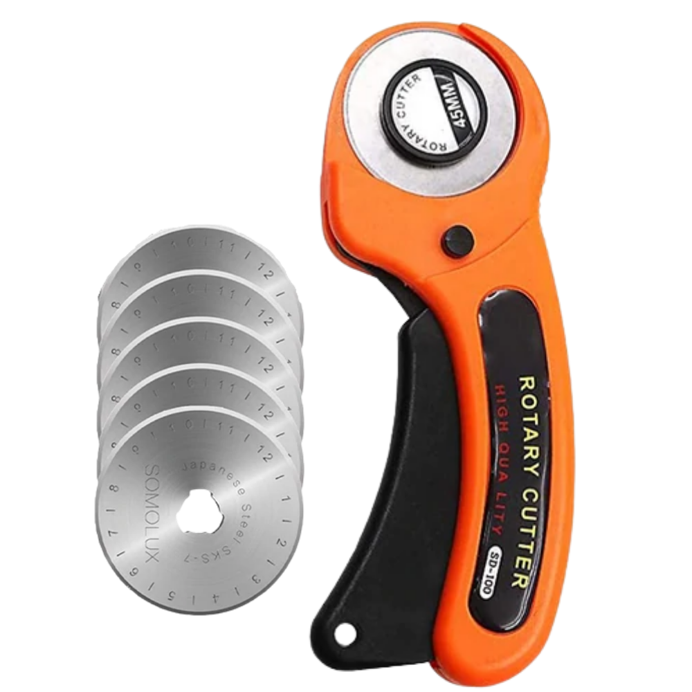 Fabric roll cutter with five 45mm blades