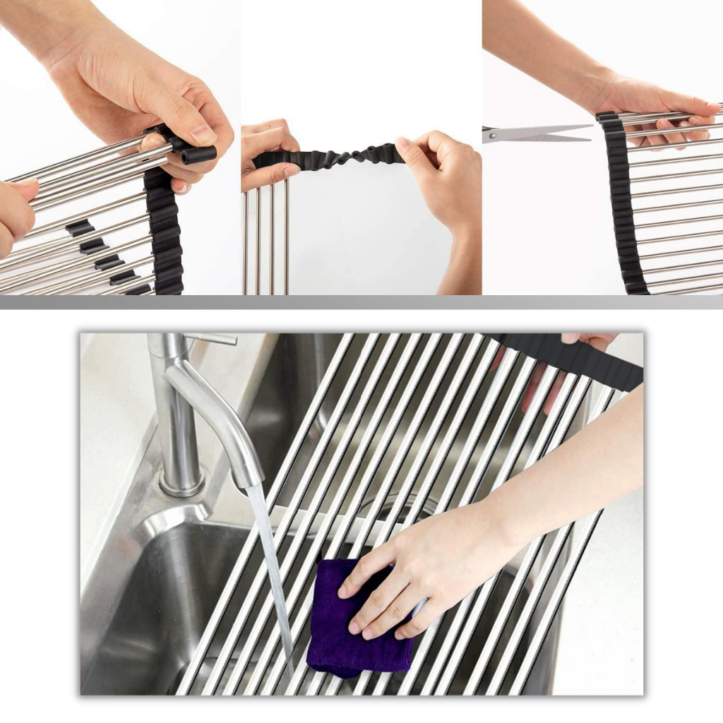 Aufrollbare Abtropfschale aus Edelstahl für Geschirr und Lebensmittel - Ozerty